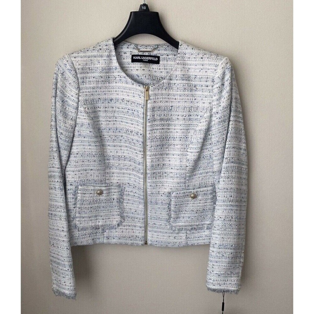 Karl Lagerfeld Paris Women's Tweed Fringe Suit Jacket Blazer In Blue Size 12